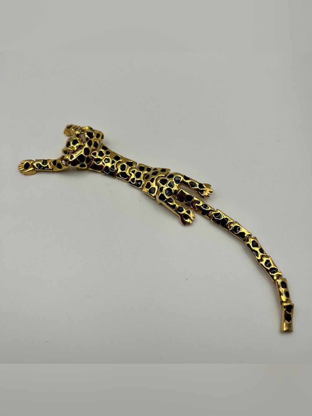 Gold Tone Leopard Cheetah Black Enamel Articulated Shoulder Brooch Pin